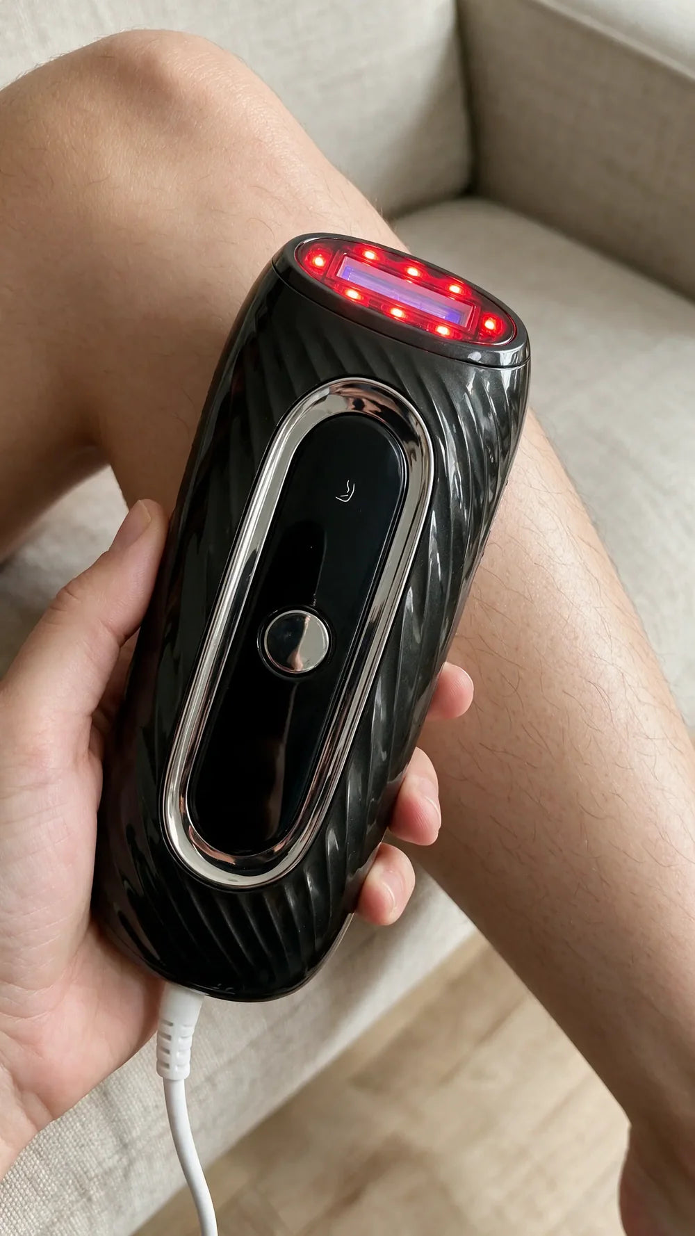 Depiladora IPL SAGLOU aplicada sobre una pierna.