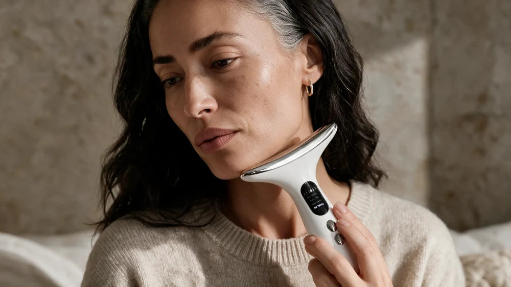 Mujer aplicando el dispositivo SAGLOU para cuello y contorno bajo la mandíbula.