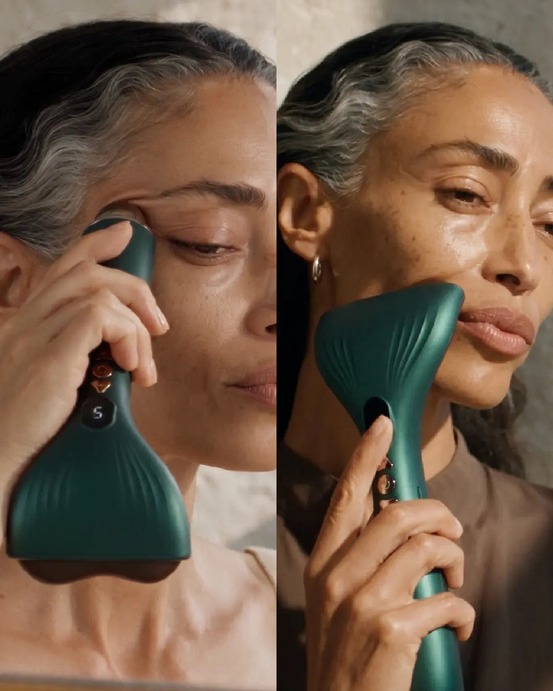 Dos formas de contacto del Gua Sha Térmico SAGLOU sobre el rostro.