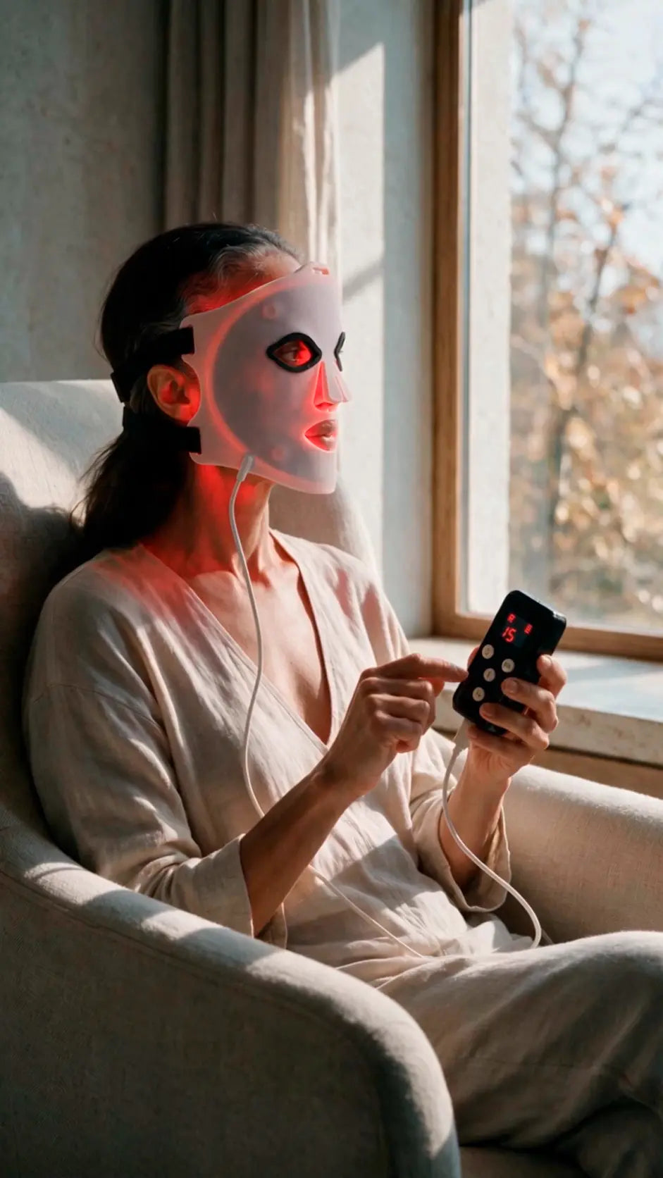 Mujer utilizando la Máscara LED Facial SAGLOU