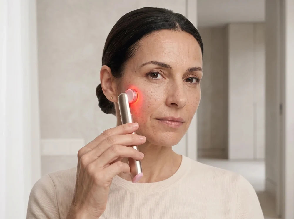 Tratamiento Facial de Microcorriente SAGLOU en contacto con la mejilla