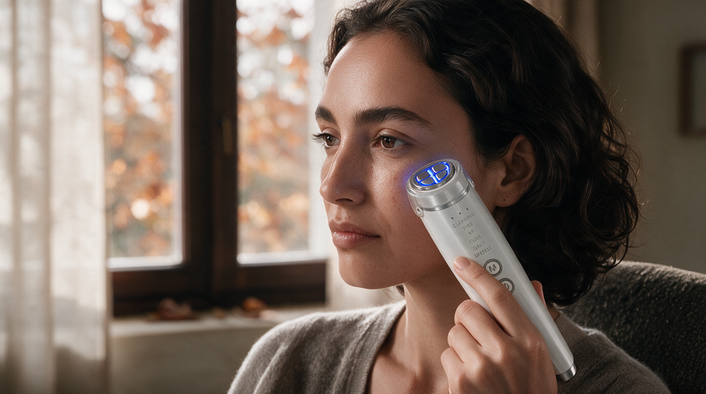 Mujer aplicando el dispositivo RF Facial SAGLOU sobre la mejilla.
