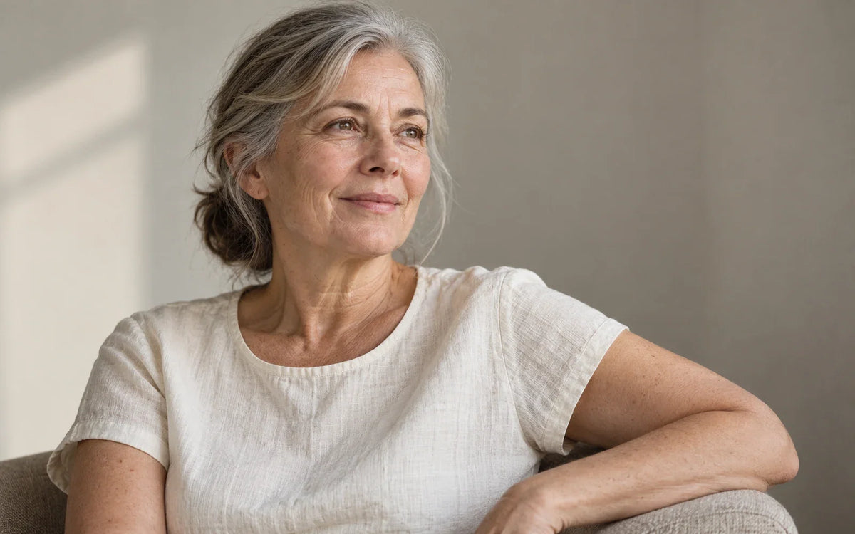 Mujer de cabello gris sentada con el brazo apoyado en un sillón.