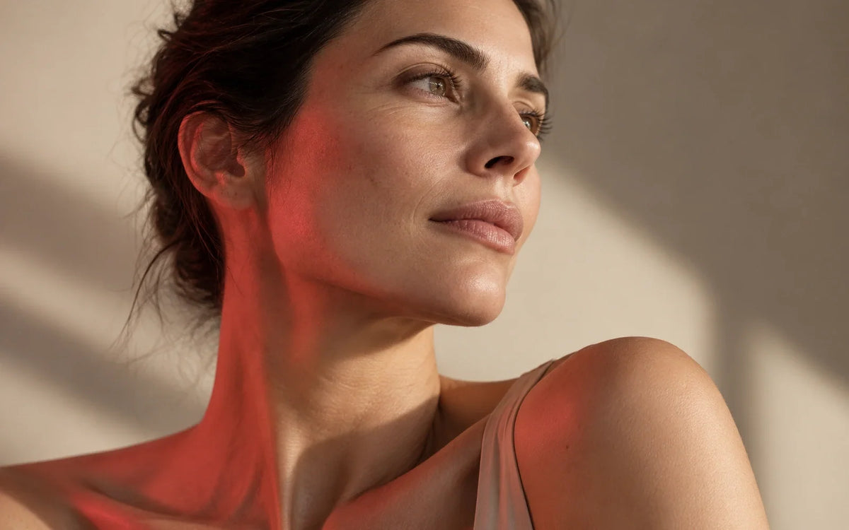 Mujer de perfil con reflejos de luz roja sobre la mejilla y el cuello.