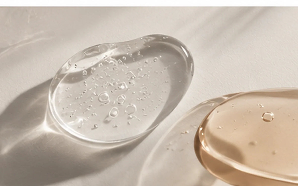 Dos texturas de gel transparente y ligeramente dorado sobre una superficie clara.