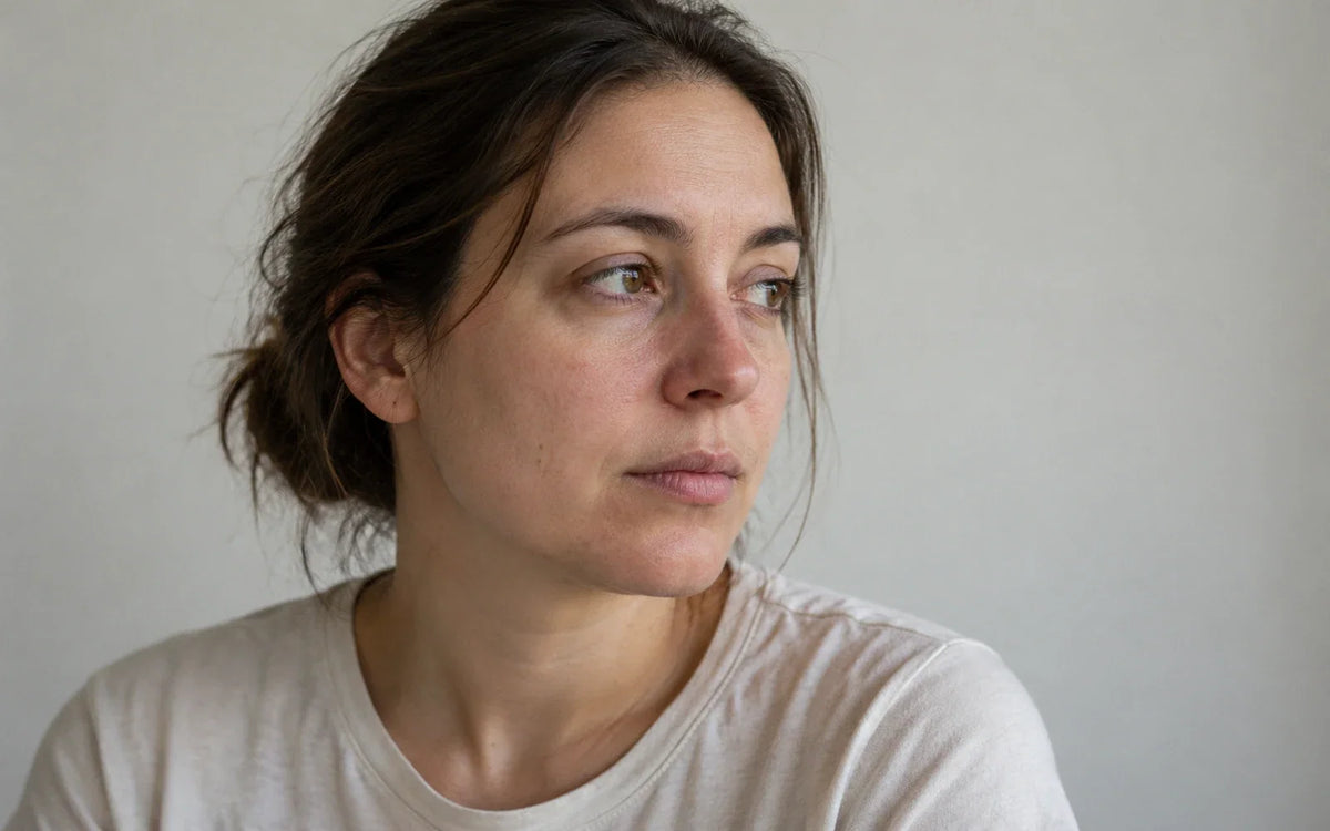 Mujer de perfil con textura natural en la nariz y las mejillas.