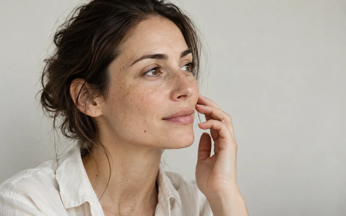 Mujer con pecas y textura visible en el rostro, con una mano junto a la mejilla.