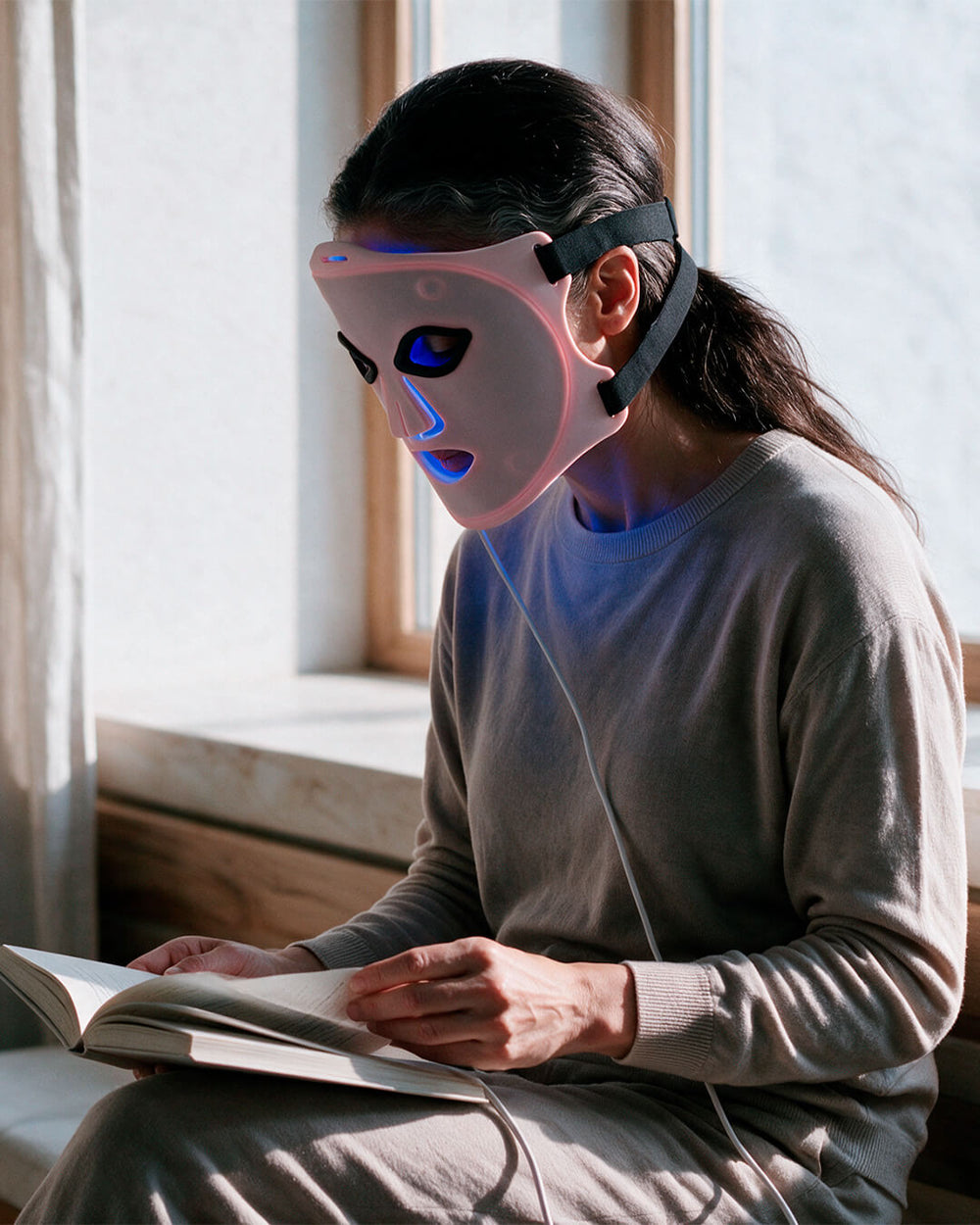 Máscara LED Facial SAGLOU con iluminación azul durante una sesión