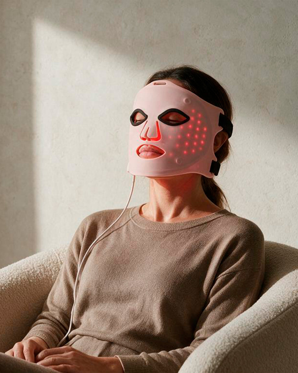 Mujer sentada utilizando la máscara LED facial SAGLOU con luz roja.