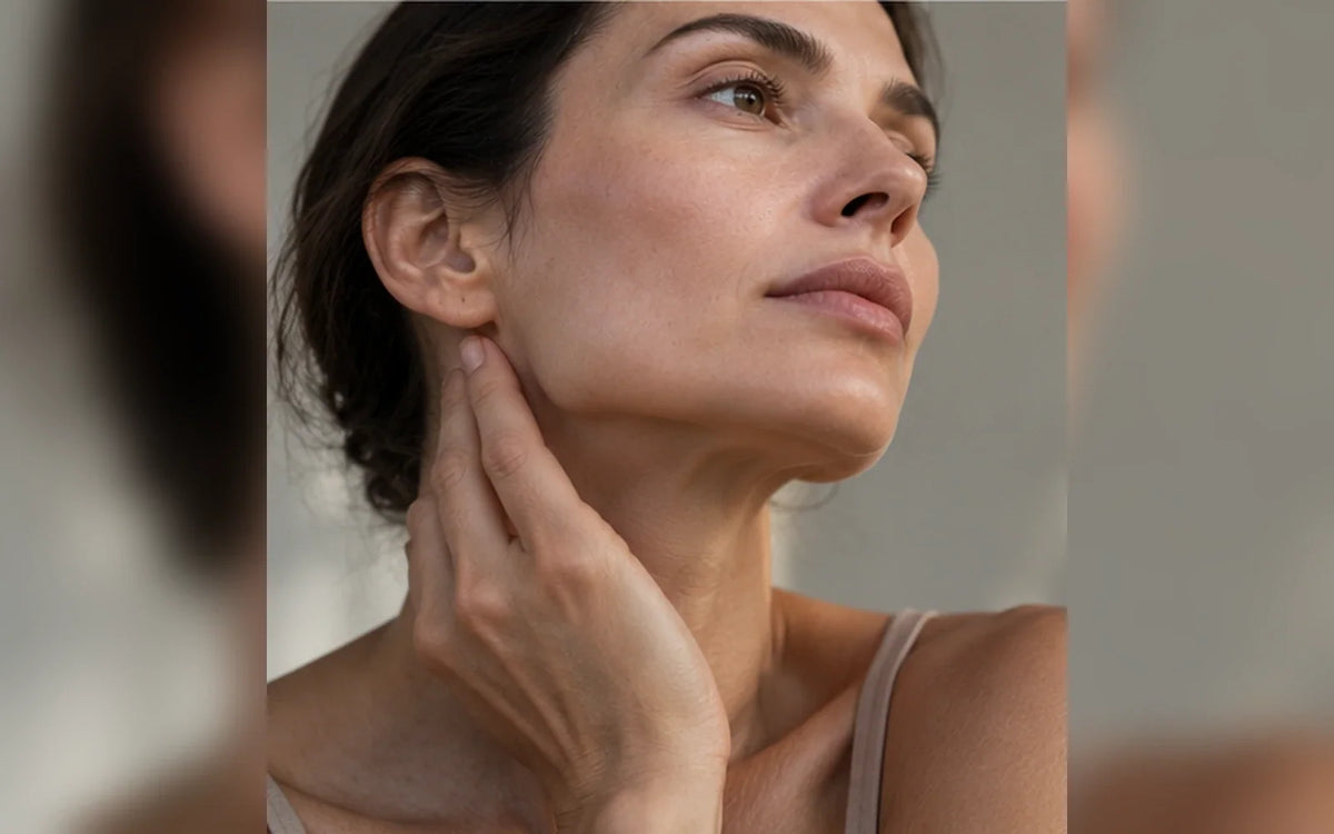 Mujer de perfil con los dedos apoyados en el lateral del cuello y la mandíbula.