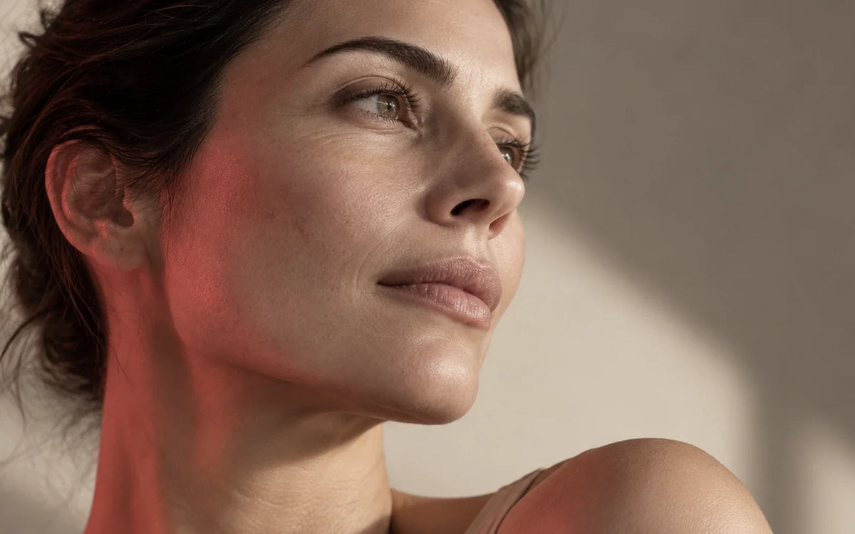 Mujer de perfil con el contorno de ojos y la mejilla iluminados por luz lateral.