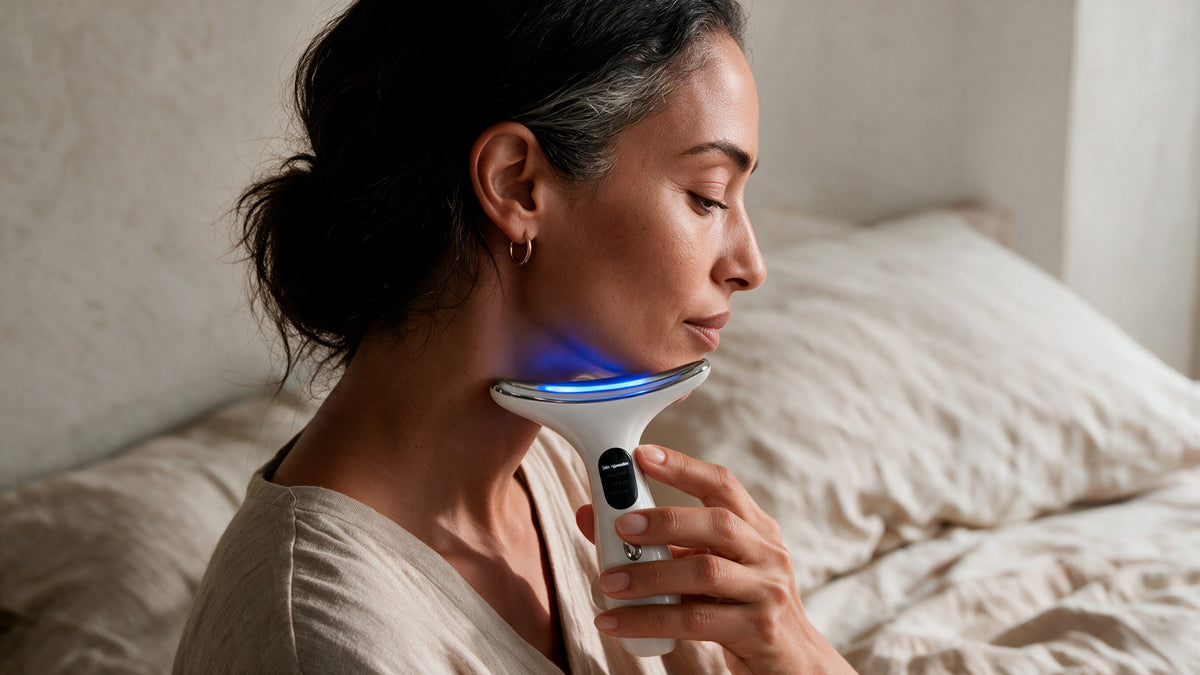 Mujer usando en el cuello un dispositivo de cuidado con luz