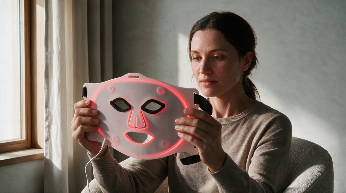 Mujer sosteniendo la máscara LED facial Saglou encendida y observándola